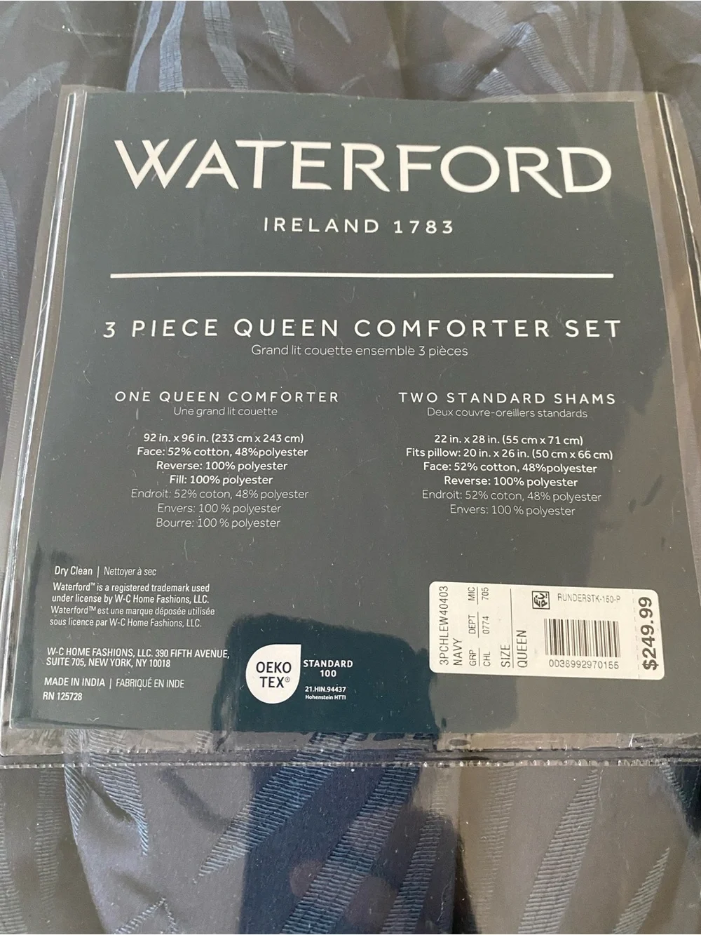 Waterford Chloe Queen Mini Comforter Set 3 PC Navy Geometric Print